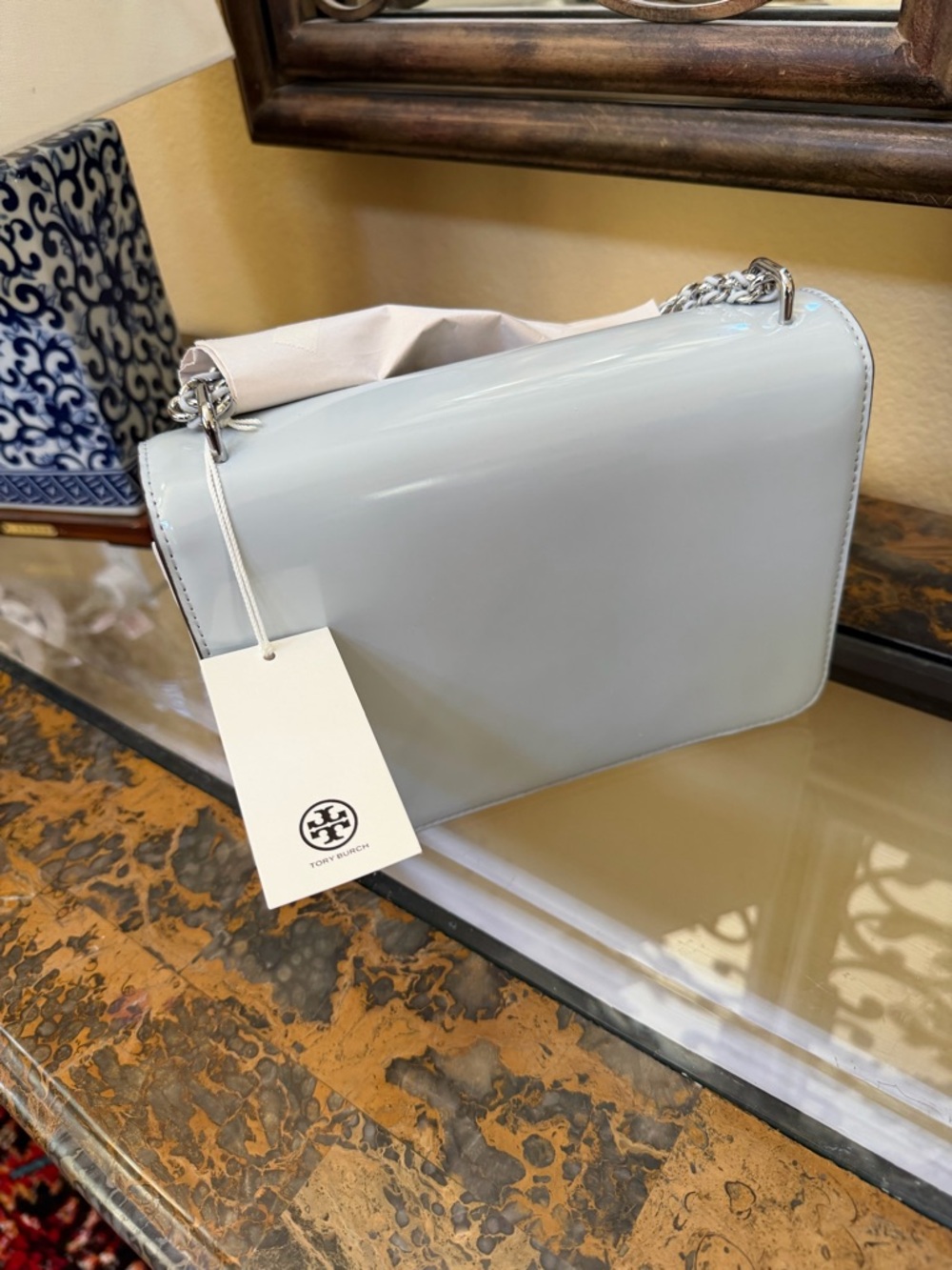 Tory Burch Britten Small Light Blue Glossy Patent Shoulder Bag - Picture 6 of 10